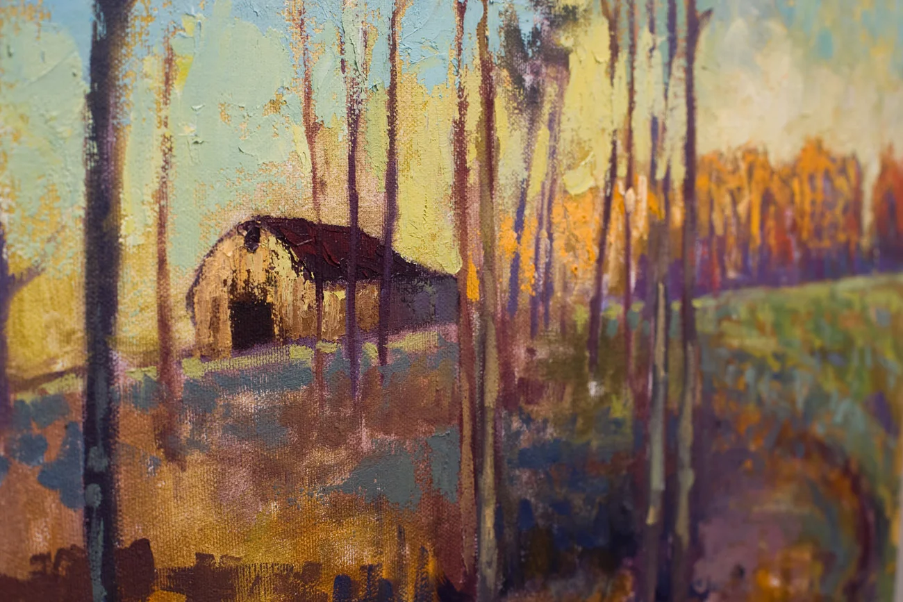 A close up of this work in progress, showing the texture of the pallet knife work. 