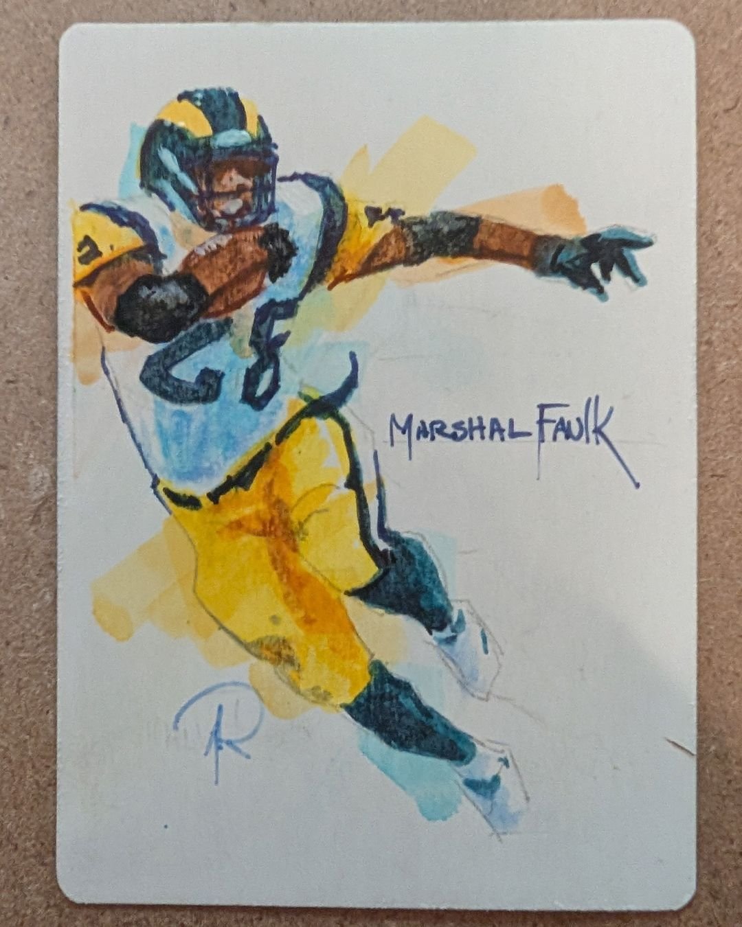 When I started experimenting with techniques for my MTG artist proofs, I accidentaly started a series. I started drawing football players. It saved me from having to come up with a new idea, composition, color, etc.. for each card.Taking all the othe