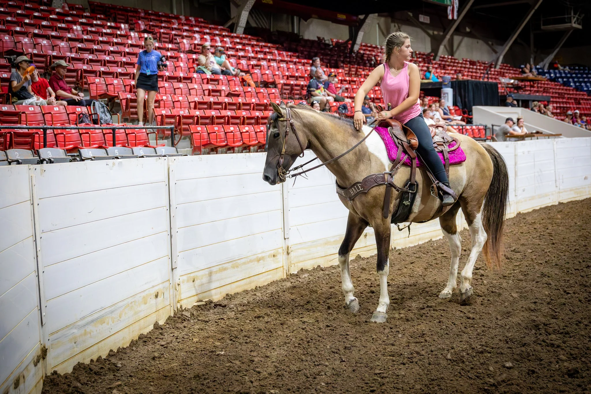 "Trick rider" Carlie Hale, age 12, from Belmont County demonstrates various tricks on her horse.  The Ohio State Fair. Thursday July 24, 2025.