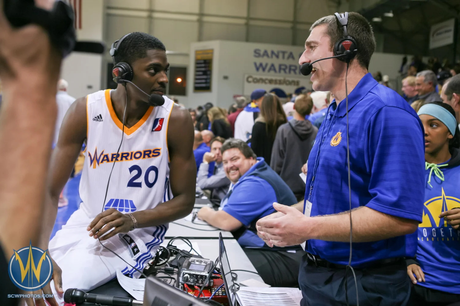 Justin Holiday speaks with SCW radio host, Kevin Danna at the Santa Cruz Warriors game on November 14, 2014 at Kaiser Permanente Arena in Santa Cruz, California. (Photo: Tim Cattera Photography/SC Warriors 2014)