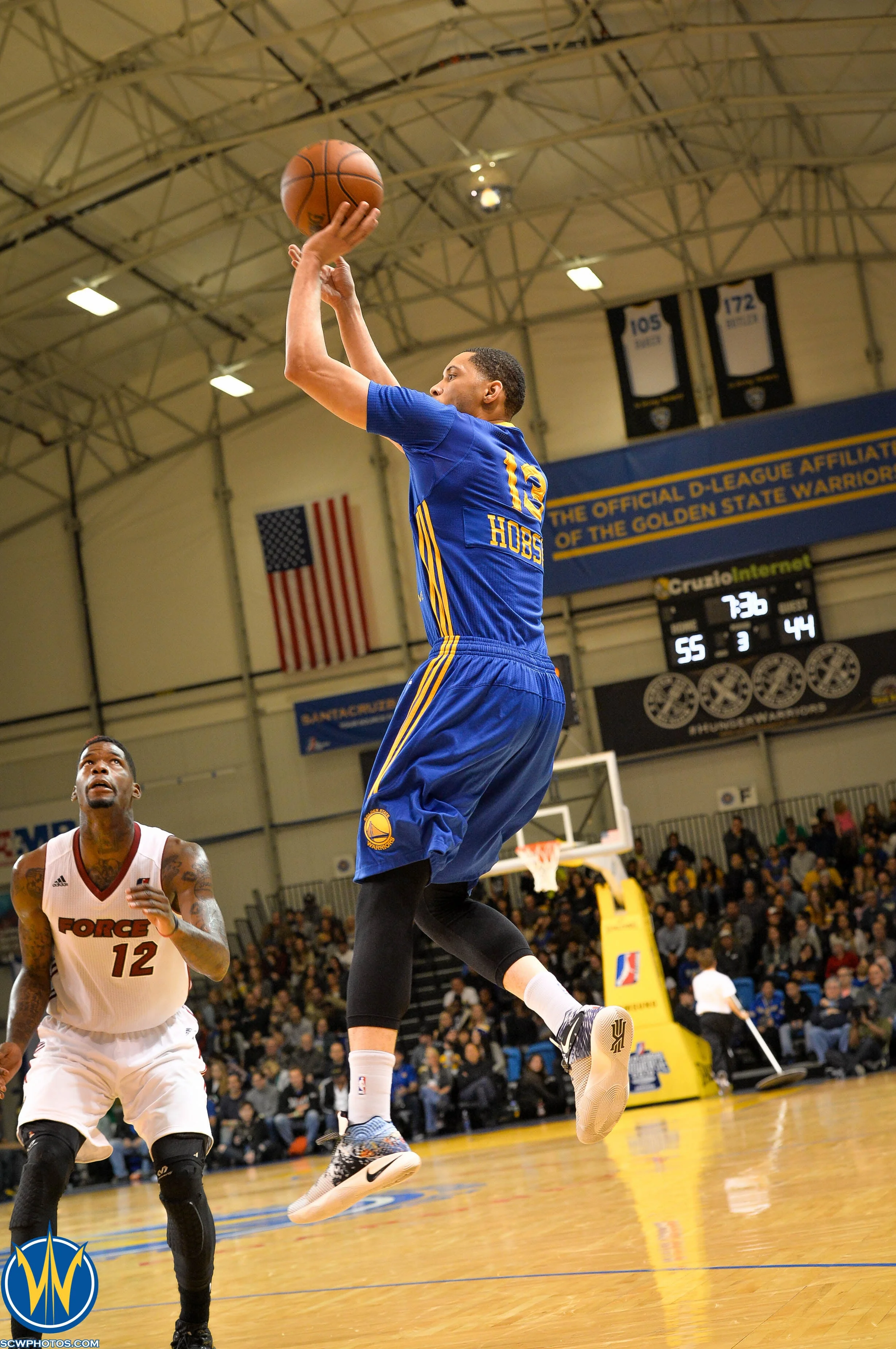 Darrington Hobson #13 with the jump shot at the NBA D-League Showcase 2016 Day 4 Sioux Falls Skyforce vs the Santa Cruz Warriors game on 01/09/16 at Kaiser Permanente Arena in Santa Cruz, California. (Photo: Phil Pasag /SC Warriors 2016)