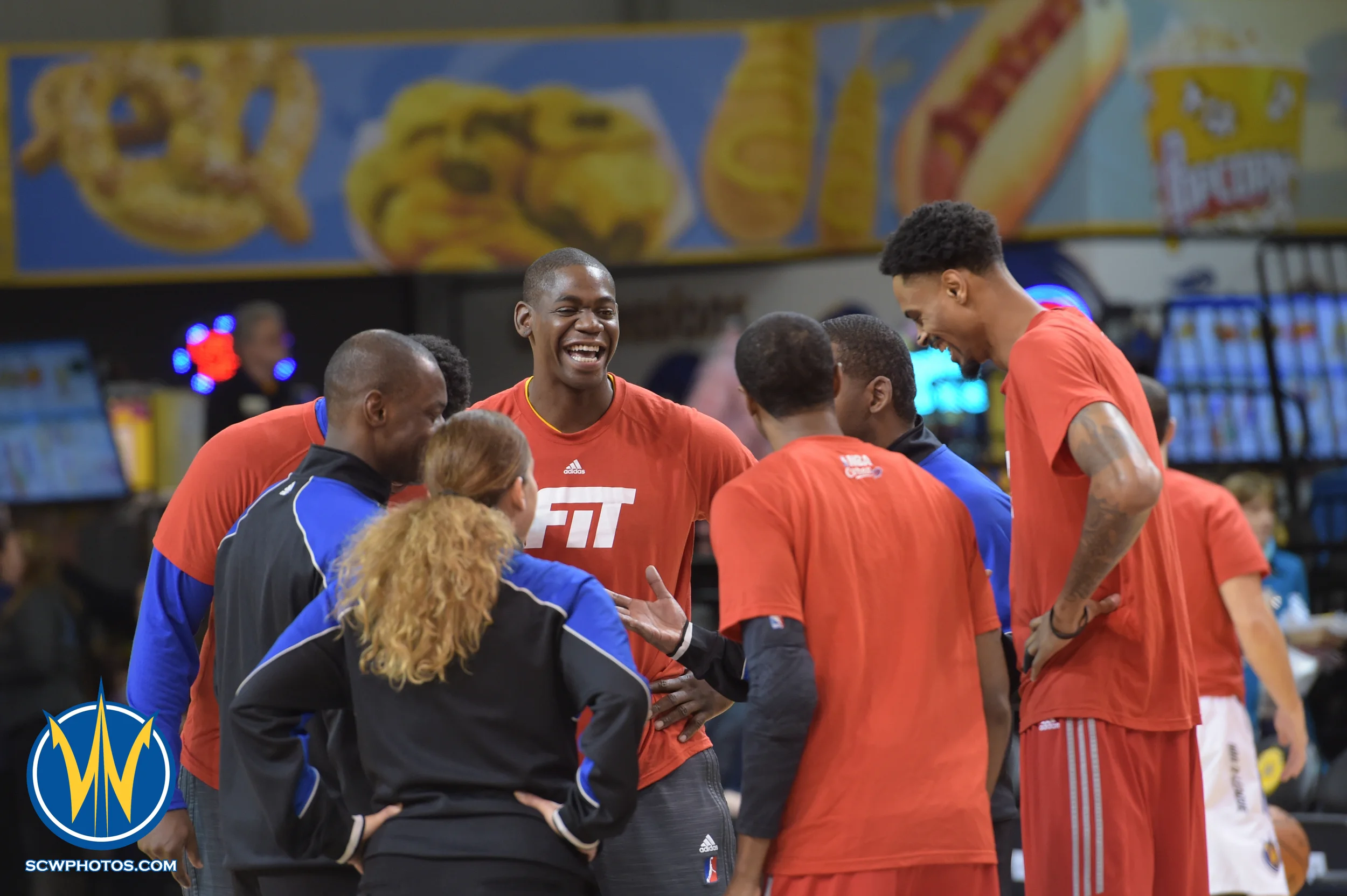 Santa Cruz Warriors, Officials and the Rio Grande Valley Vipers sharing some laughs right before the game at the Santa Cruz Warrior game on 1/23/16 at Kaiser Permanente Arena in Santa Cruz California. (Phil Pasag/SC Warriors 2015)