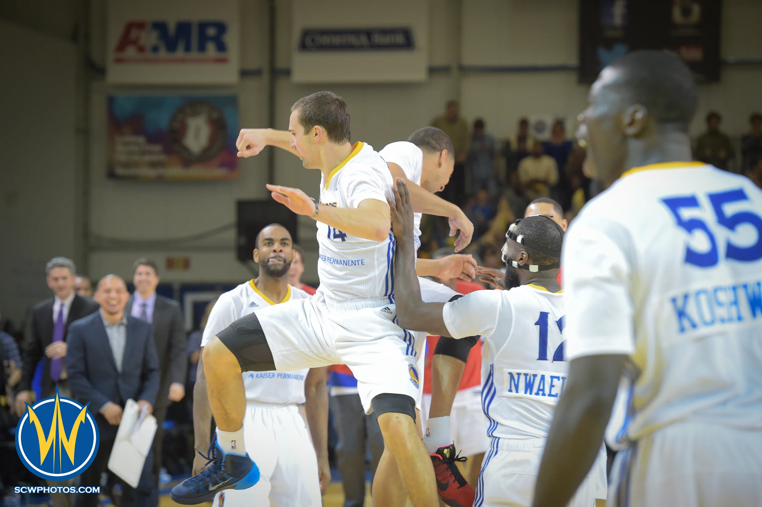 Aaron Craft #14 celebrate right after making the game winning shot in a epic double overtime game against the Rio Grande Valley Vipers at the Santa Cruz Warrior game on 1/23/16 at Kaiser Permanente Arena in Santa Cruz California. (Phil Pasag/SC Warriors 2015)
