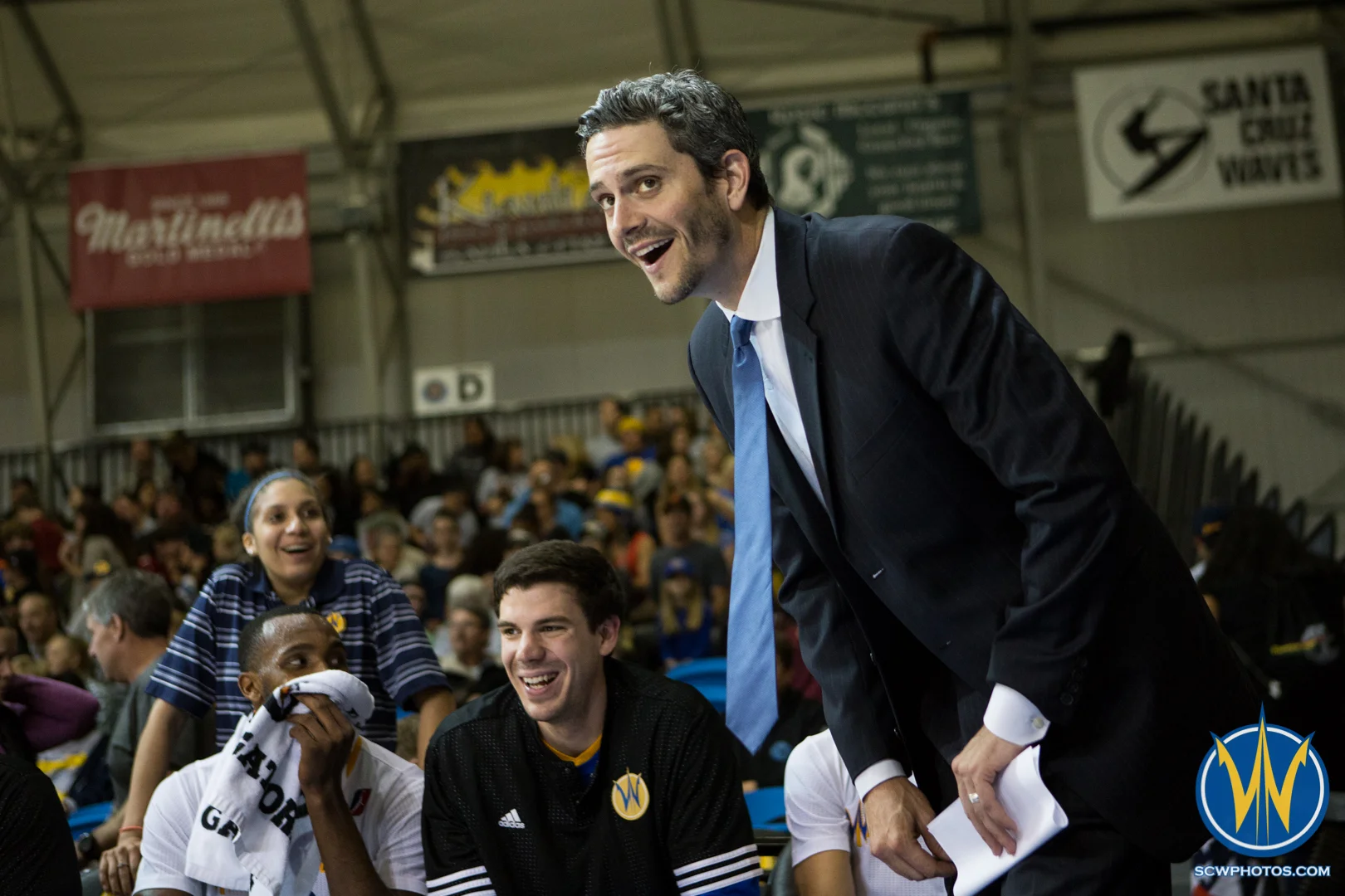 Coach Hill laughs along with the bench at Kaiser Permanente Arena on February 19, 2016 (Photo: Ariel Nava Photography)