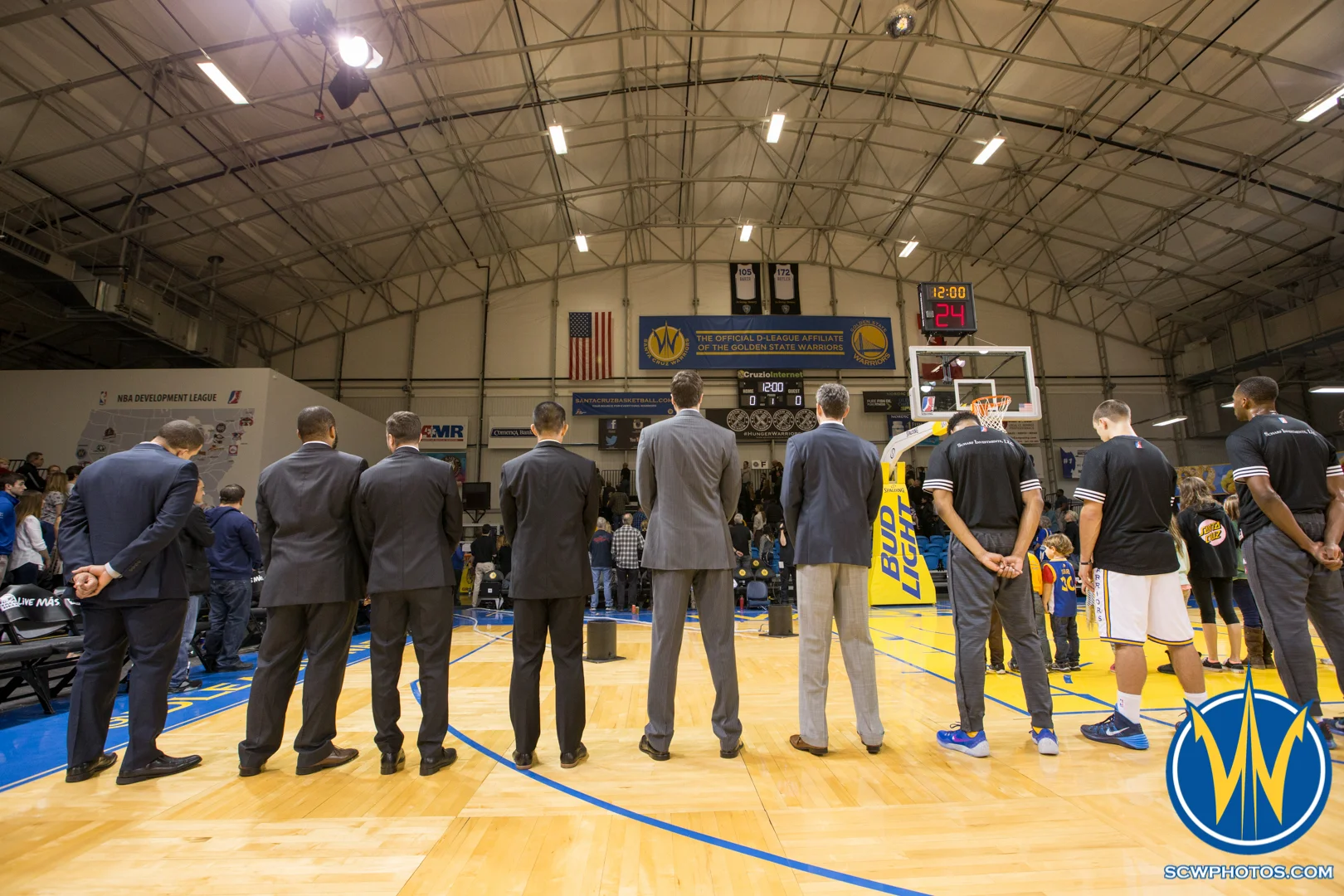 Staff and players stand during the National Anthem at Kaiser Permanente Arena on February 26, 2016 (Photo: Ariel Nava Photography)