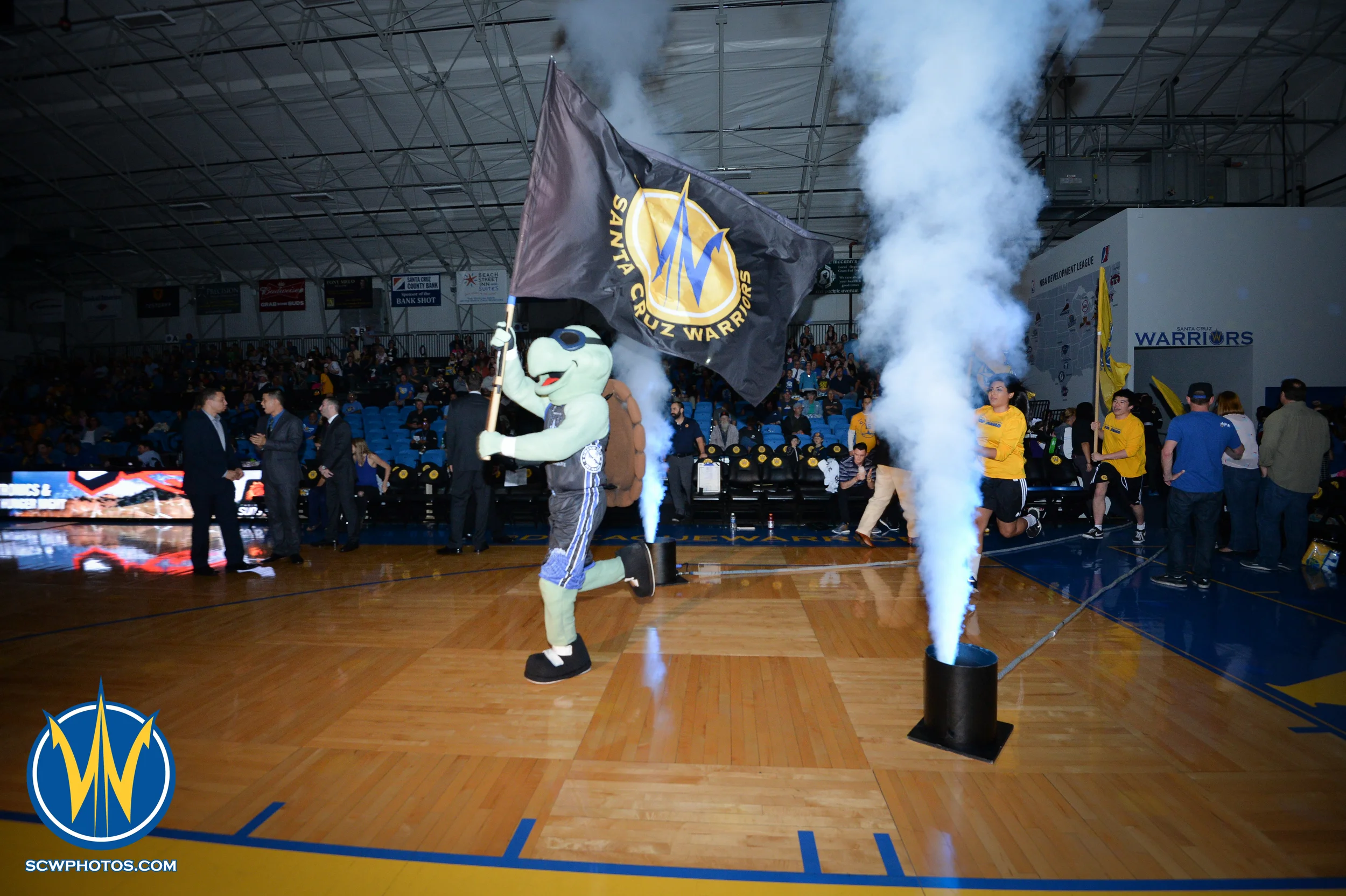MavRik's entering the arena and pumping up the crowd before the Santa Cruz Warriors vs Bakersfield Jam game on 3/2/16 at Kaiser Permanente Arena in Santa Cruz, California. (Photo: (Phil Pasag Photography) /SC Warriors 2016)