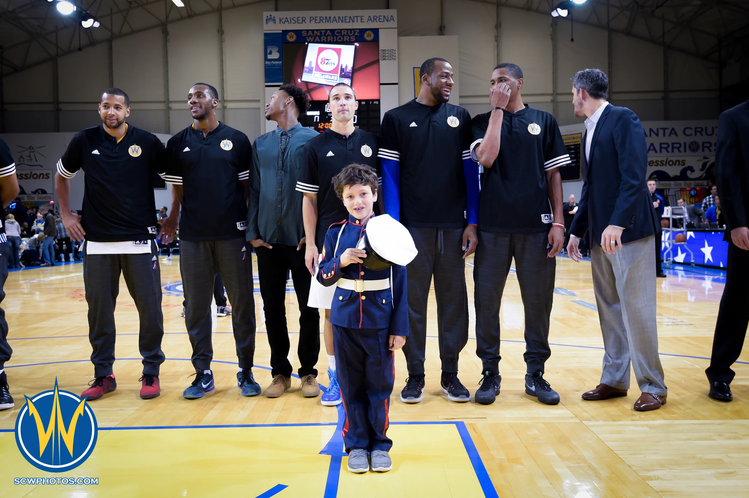 Warrior fan from the Boy and Girls Club waiting for the National Anthem at the Santa Cruz Warriors vs Delaware 87ers on 3/13/16 at Kaiser Permanente Arena in Santa Cruz, California. (Photo: (Phil Pasag Photography) /SC Warriors 2016)