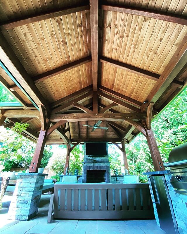 The best outdoor living spaces in the PNW are covered from the elements.  The most beautiful structures are constructed using timber frame methods, mortise and tenon joinery and thick Douglas fir timbers.