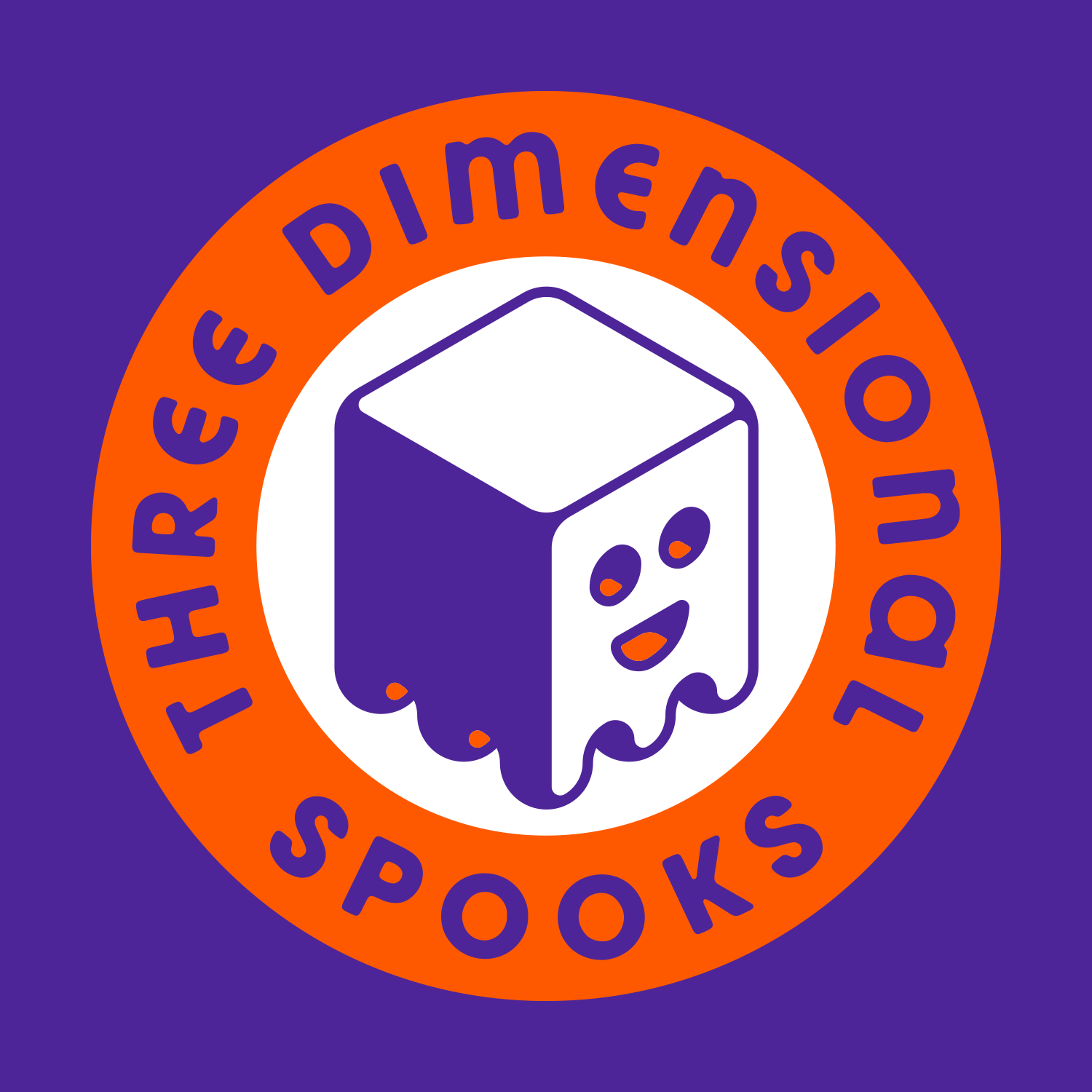 Three Dimensional Spooks Logo consisting of a cubic ghost icon and a circle of text saying "Three Dimensional Spooks" around it. Colors:  orange, white, and purple.