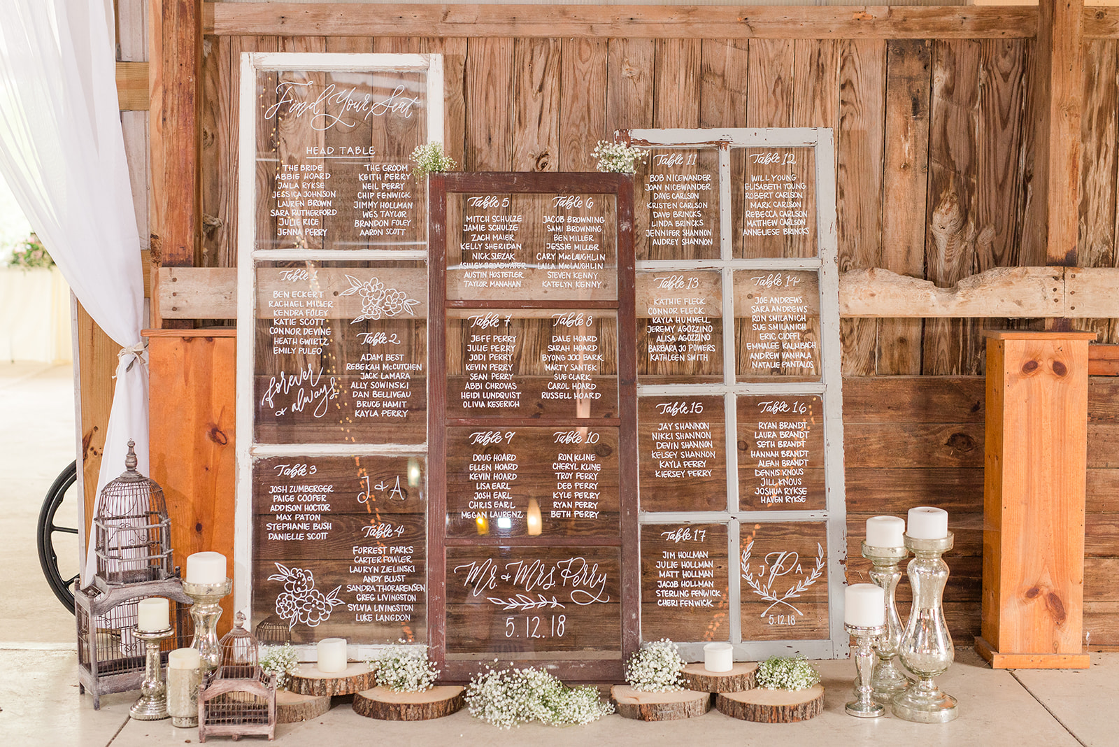 rustic seating chart, hand lettered seating chart, glass seating chart, unique seating chart, barn wedding seating chart, calligraphy seating chart