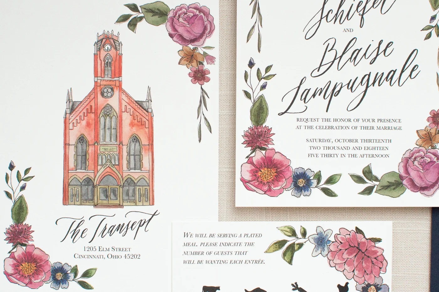 custom wedding invitations | white ink calligraphy | calligraphy wedding invitations | calligraphy envelope addressing | Atlanta wedding calligrapher | Atlanta stationery design | Ohio fall wedding suite
