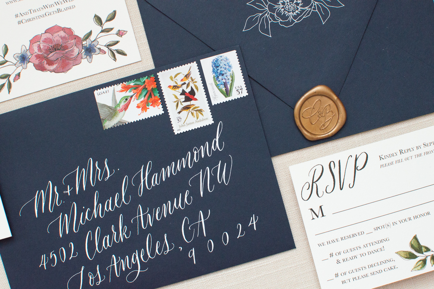 custom wedding invitations | white ink calligraphy | calligraphy wedding invitations | calligraphy envelope addressing | Atlanta wedding calligrapher | Atlanta stationery design | Ohio fall wedding suite