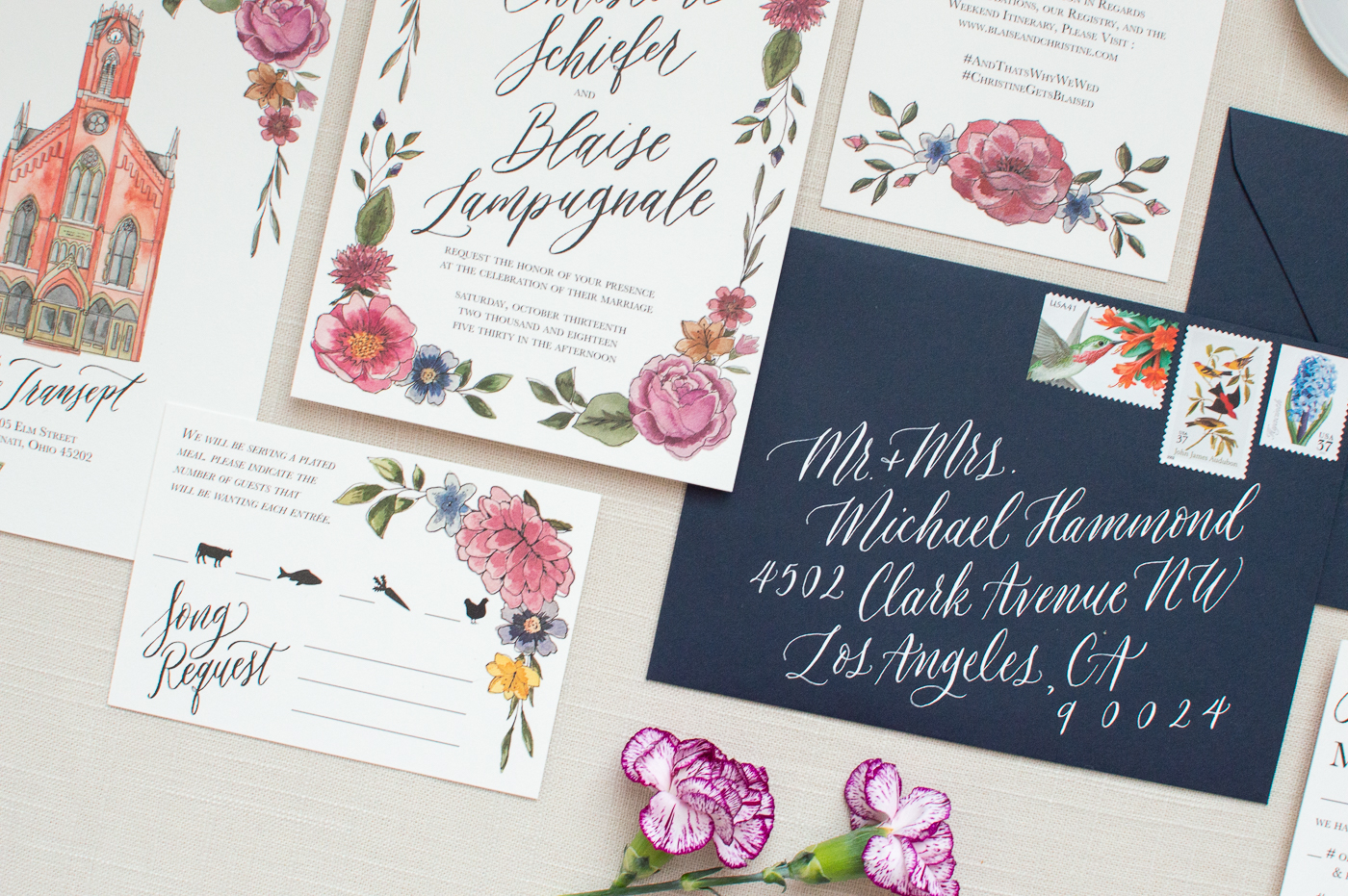 floral wedding invitations | custom wedding invitations | ElisaAnne Calligraphy wedding invitations | fall wedding invitation design | invitation inspiration | the transept otr | calligraphy wedding invitations