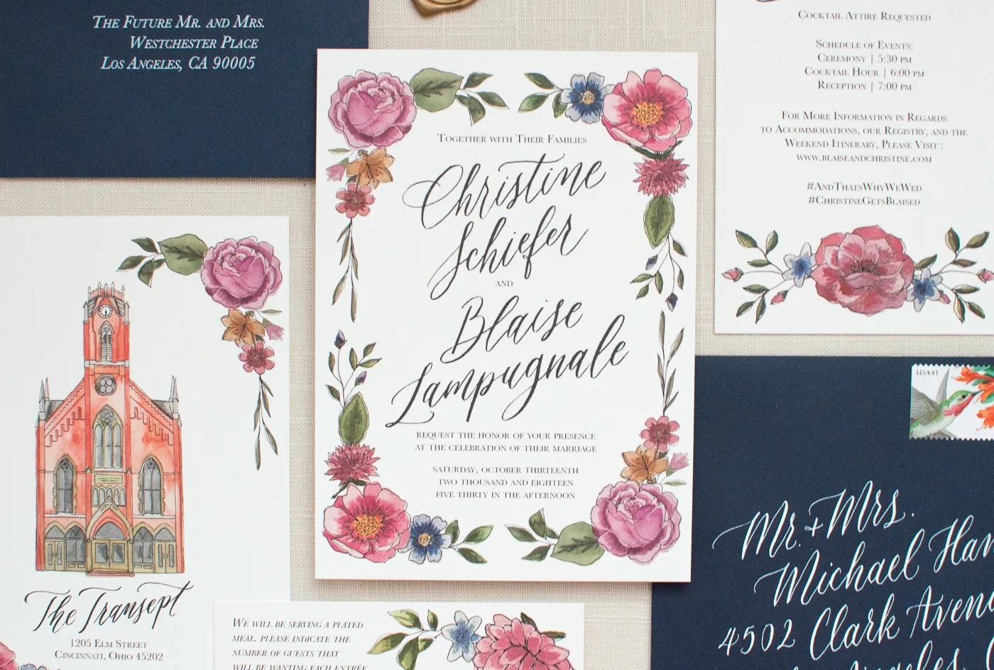 custom wedding invitations | white ink calligraphy | calligraphy wedding invitations | calligraphy envelope addressing | Atlanta wedding calligrapher | Atlanta stationery design | Ohio fall wedding suite