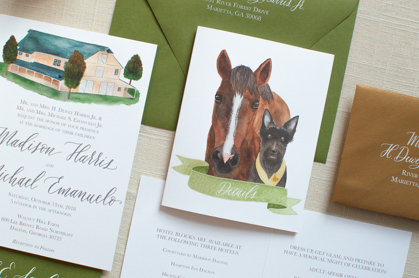 walnut hill farm wedding invitation | venue portrait | pet portrait | custom wedding invitation suite | calligraphy wedding invitations | envelope calligraphy | custom wedding invitation illustrations | forest wedding invitation | north georgia wedding inspiration