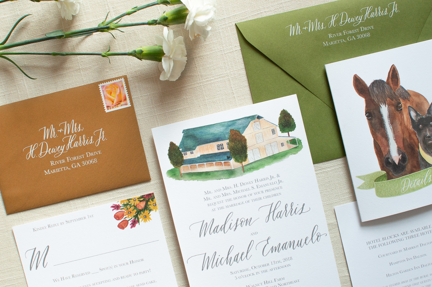 walnut hill farm wedding invitation | venue portrait | pet portrait | custom wedding invitation suite | calligraphy wedding invitations | envelope calligraphy | custom wedding invitation illustrations | forest wedding invitation | north georgia wedding inspiration