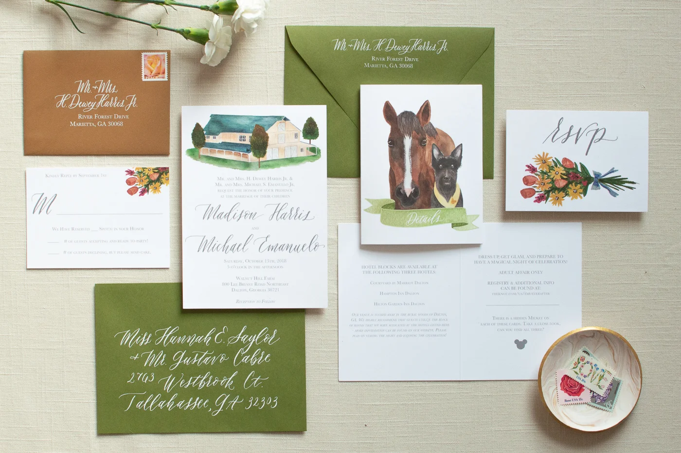 walnut hill farm wedding invitation | venue portrait | pet portrait | custom wedding invitation suite | calligraphy wedding invitations | envelope calligraphy | custom wedding invitation illustrations | forest wedding invitation | north georgia wedding inspiration