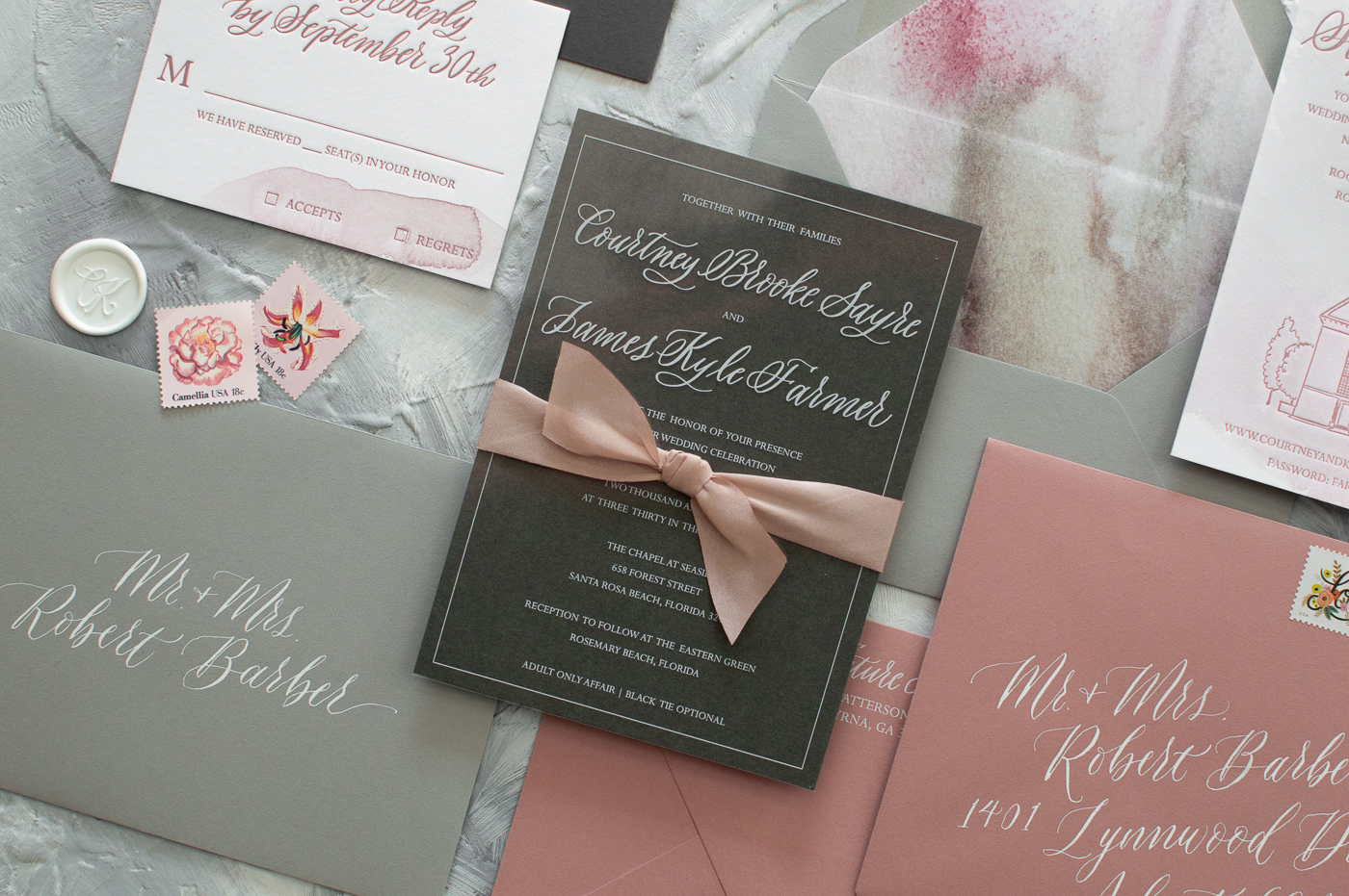 custom calligraphy wedding invitations | custom wedding invitations | white ink on transparency paper | white ink | dusty rose wedding | dusty rose inspiration | dusty rose envelopes | dusty rose watercolor invitation suite | rosemary beach wedding inspiration | vintage floral postage | bespoke wedding invitations | watercolor wedding invitations
