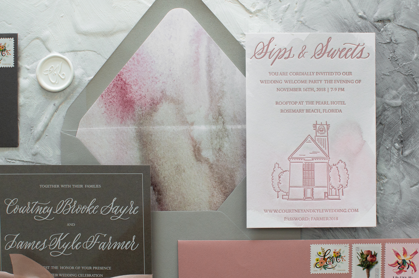 custom calligraphy wedding invitations | custom wedding invitations | white ink on transparency paper | white ink | dusty rose wedding | dusty rose inspiration | dusty rose envelopes | dusty rose watercolor invitation suite | rosemary beach wedding inspiration | vintage floral postage | bespoke wedding invitations | watercolor wedding invitations