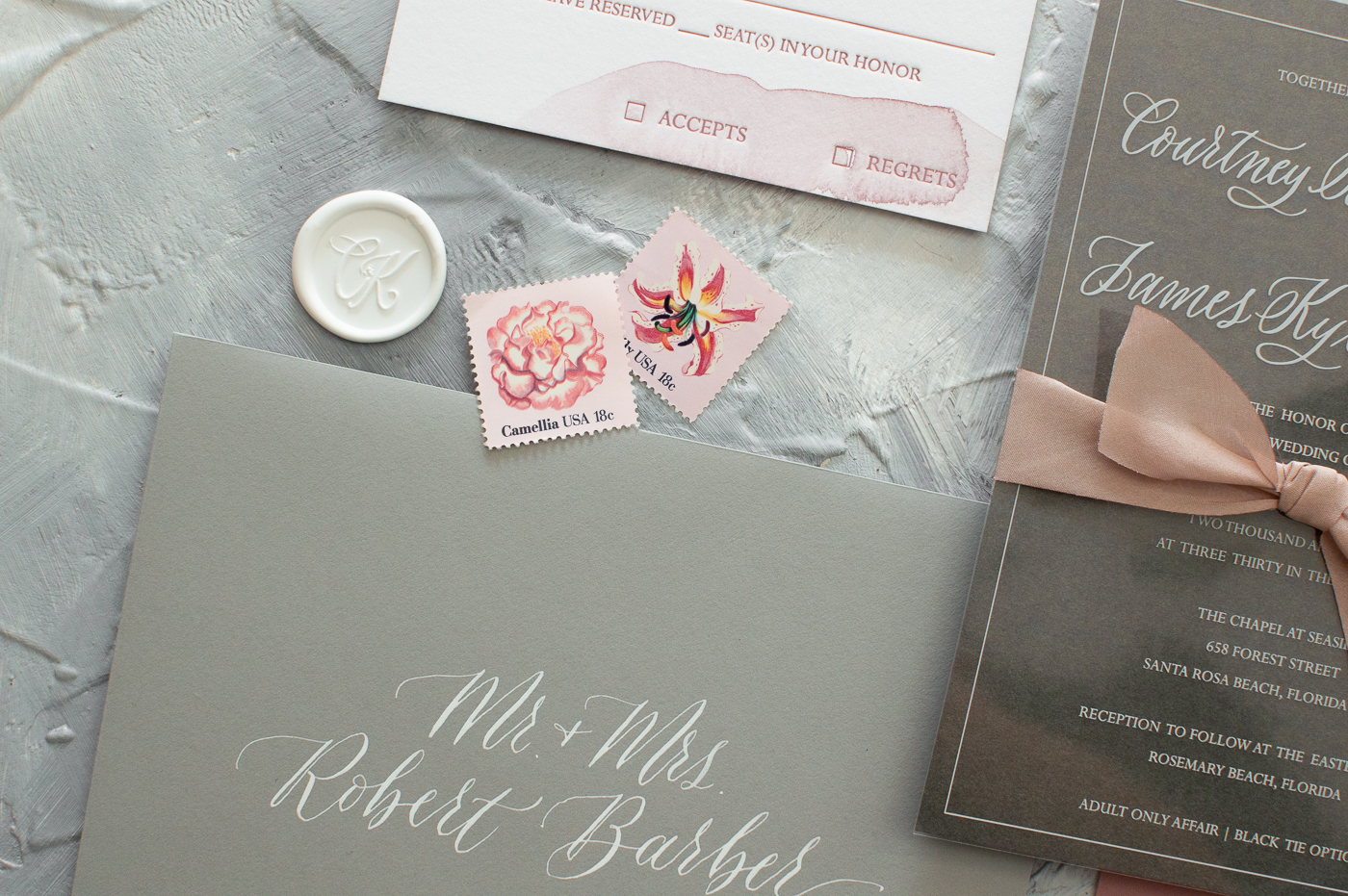 custom calligraphy wedding invitations | custom wedding invitations | white ink on transparency paper | white ink | dusty rose wedding | dusty rose inspiration | dusty rose envelopes | dusty rose watercolor invitation suite | rosemary beach wedding inspiration | vintage floral postage | bespoke wedding invitations | watercolor wedding invitations