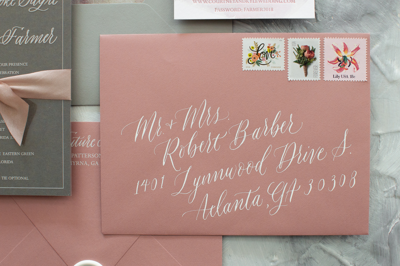 custom calligraphy wedding invitations | custom wedding invitations | white ink on transparency paper | white ink | dusty rose wedding | dusty rose inspiration | dusty rose envelopes | dusty rose watercolor invitation suite | rosemary beach wedding inspiration | vintage floral postage | bespoke wedding invitations | watercolor wedding invitations