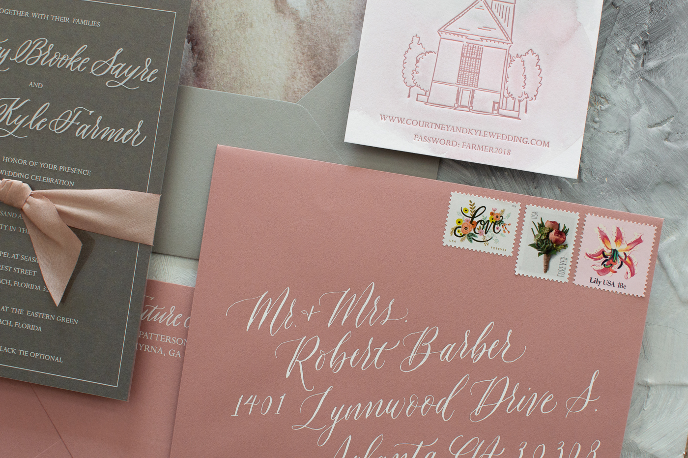 custom calligraphy wedding invitations | custom wedding invitations | white ink on transparency paper | white ink | dusty rose wedding | dusty rose inspiration | dusty rose envelopes | dusty rose watercolor invitation suite | rosemary beach wedding inspiration | vintage floral postage | bespoke wedding invitations | watercolor wedding invitations