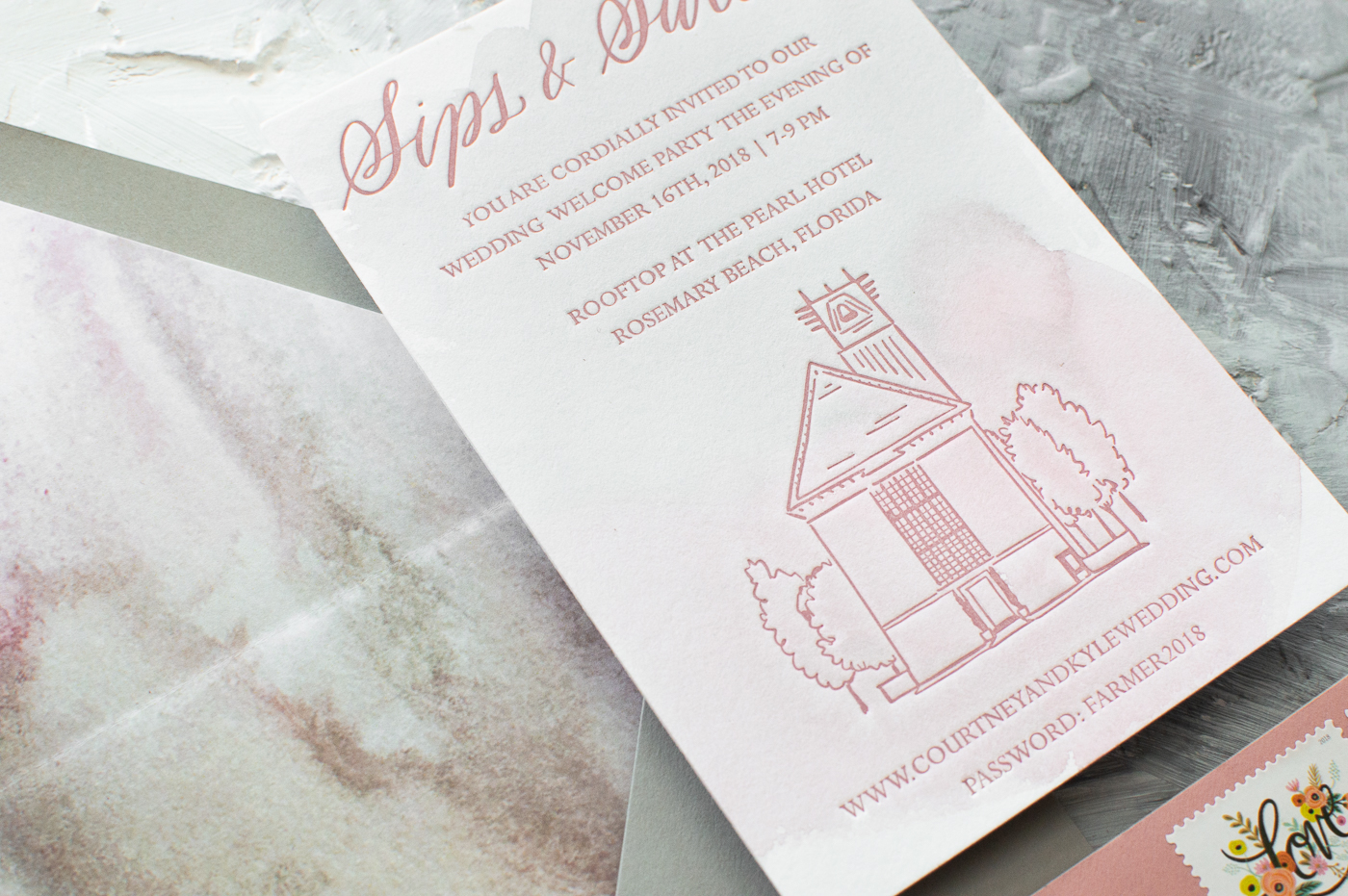 custom calligraphy wedding invitations | custom wedding invitations | white ink on transparency paper | white ink | dusty rose wedding | dusty rose inspiration | dusty rose envelopes | dusty rose watercolor invitation suite | rosemary beach wedding inspiration | vintage floral postage | bespoke wedding invitations | watercolor wedding invitations