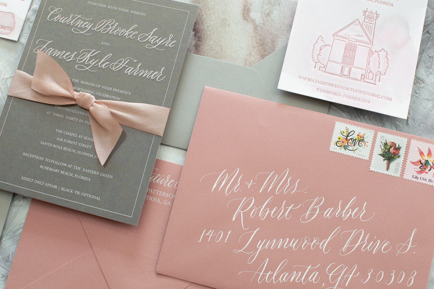 custom calligraphy wedding invitations | custom wedding invitations | white ink on transparency paper | white ink | dusty rose wedding | dusty rose inspiration | dusty rose envelopes | dusty rose watercolor invitation suite | rosemary beach wedding inspiration | vintage floral postage | bespoke wedding invitations | watercolor wedding invitations