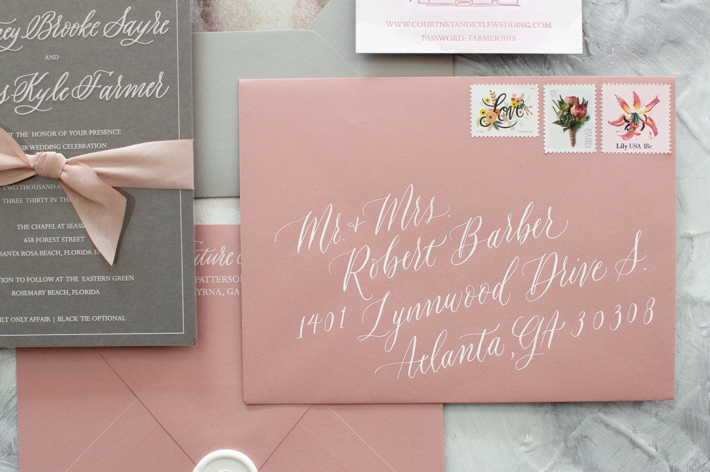 custom calligraphy wedding invitations | custom wedding invitations | white ink on transparency paper | white ink | dusty rose wedding | dusty rose inspiration | dusty rose envelopes | dusty rose watercolor invitation suite | rosemary beach wedding inspiration | vintage floral postage | bespoke wedding invitations | watercolor wedding invitations