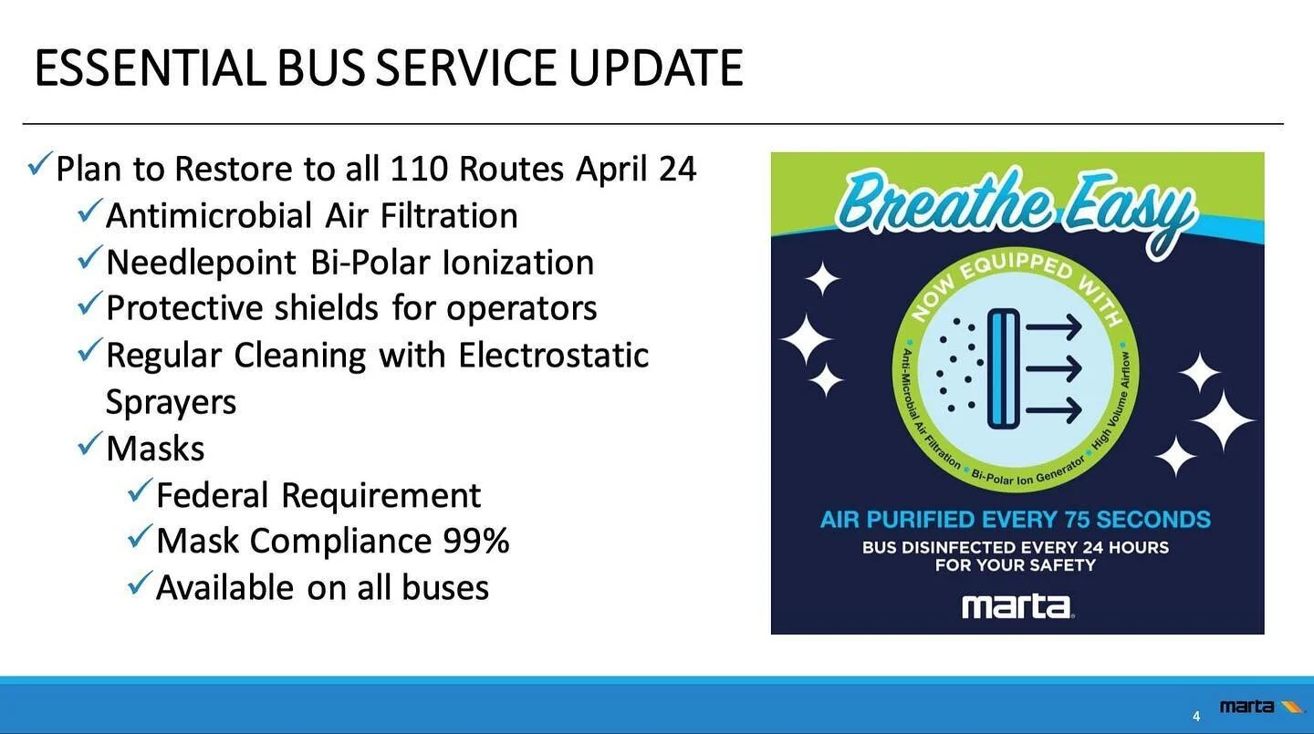 The Metropolitan Atlanta Rapid Transit Authority (MARTA) will restore 58 previously suspended bus routes on Saturday, April 24, after completing the installation of state-of-the-art air filtration and purification systems on all buses and receiving s