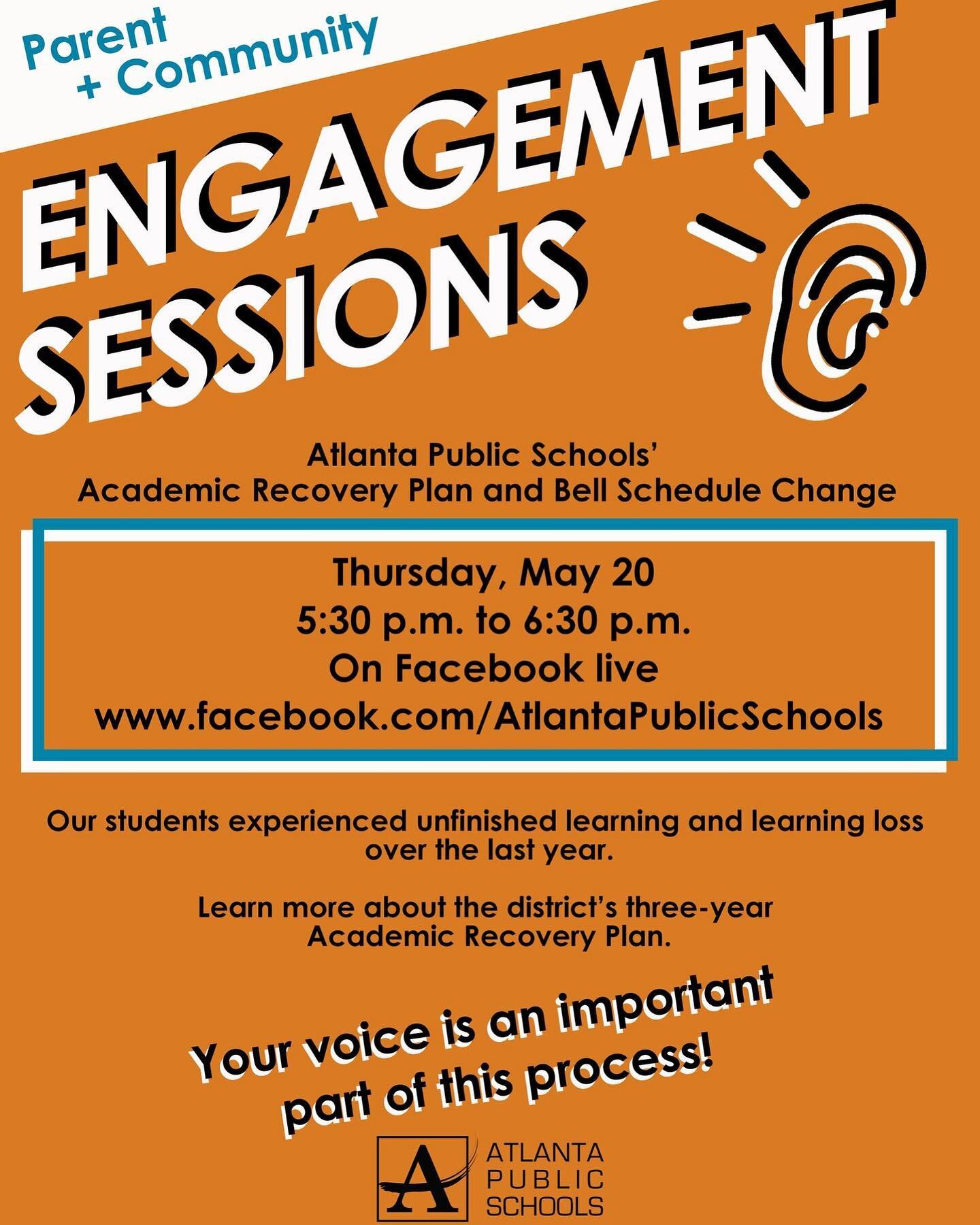 Your voice is important! Students experienced unfinished learning and learning loss over the last year. Join @apsupdate for a parent + community engagement session tonight, Thursday, May 20 from 5:30 p.m. - 6:30 p.m. on APS Facebook Live! Click the l
