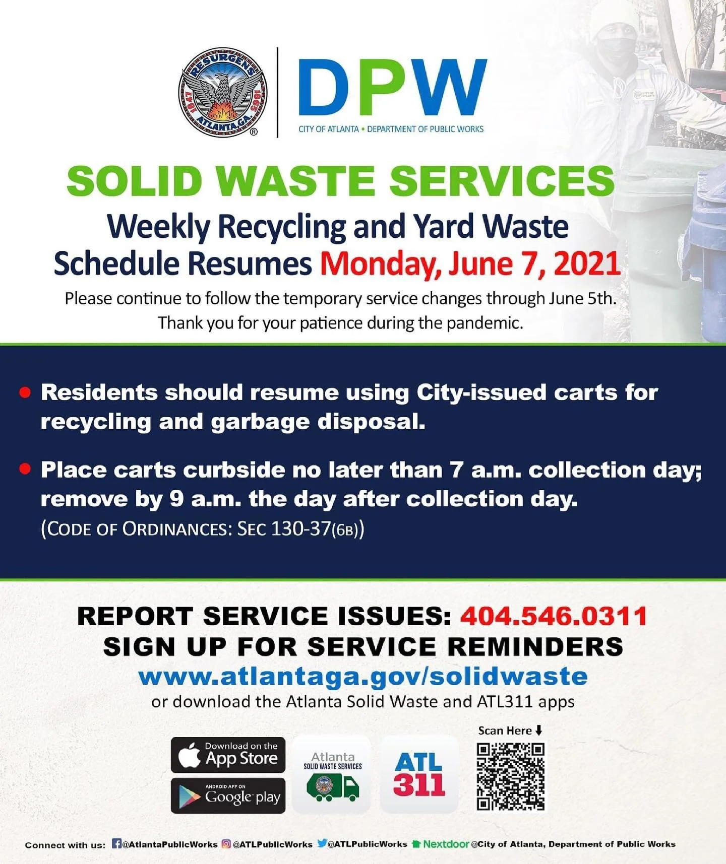 Morning, neighbors! FYI, on Monday, June 7, 2021, the Department of Public Works Office of Solid Waste Services will resume weekly operations of solid waste (garbage), recycling, and yard trimmings.