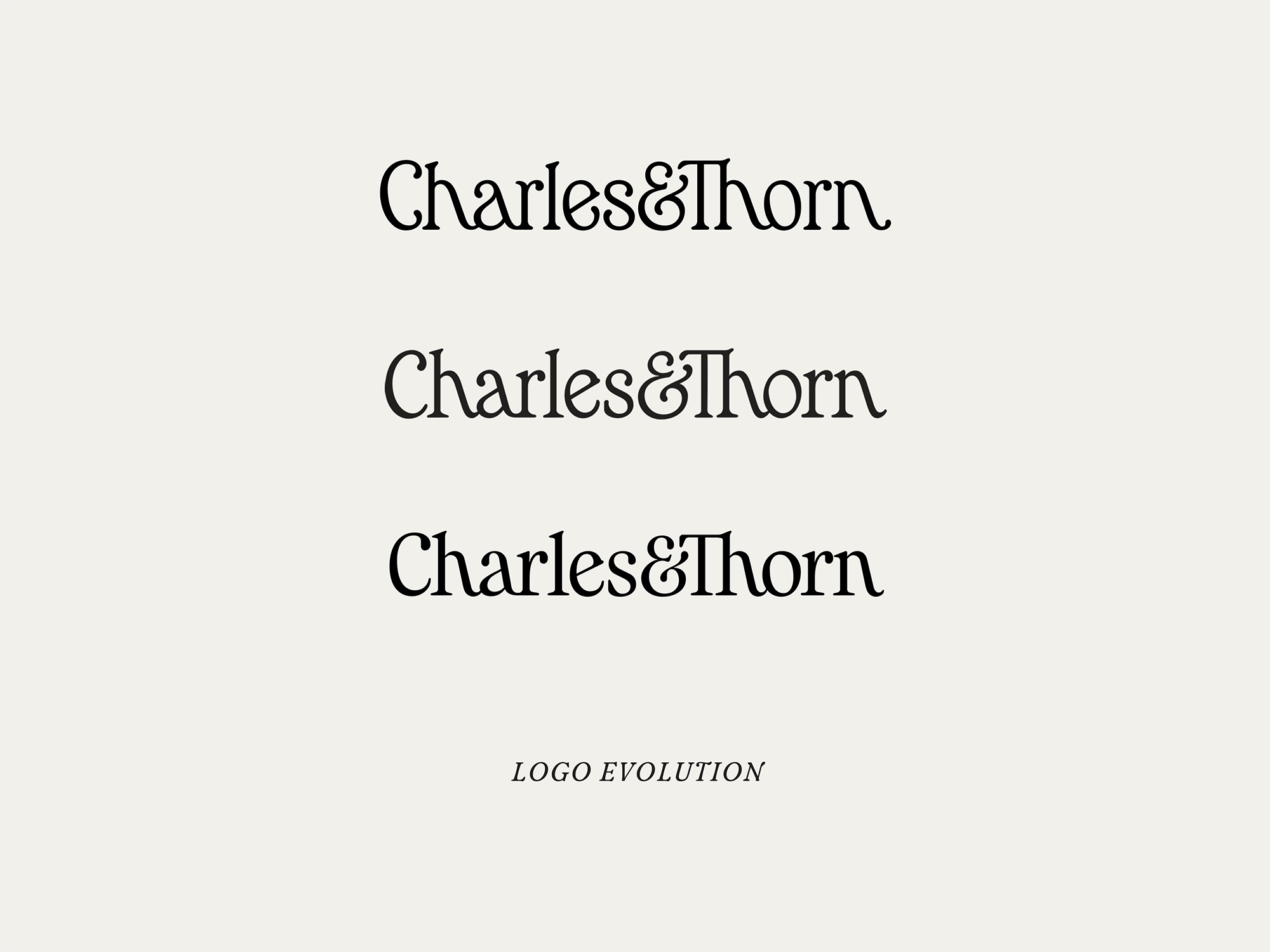 Evolution of the Charles&Thorn logo. Top to bottom: 2015, 2017, 2019