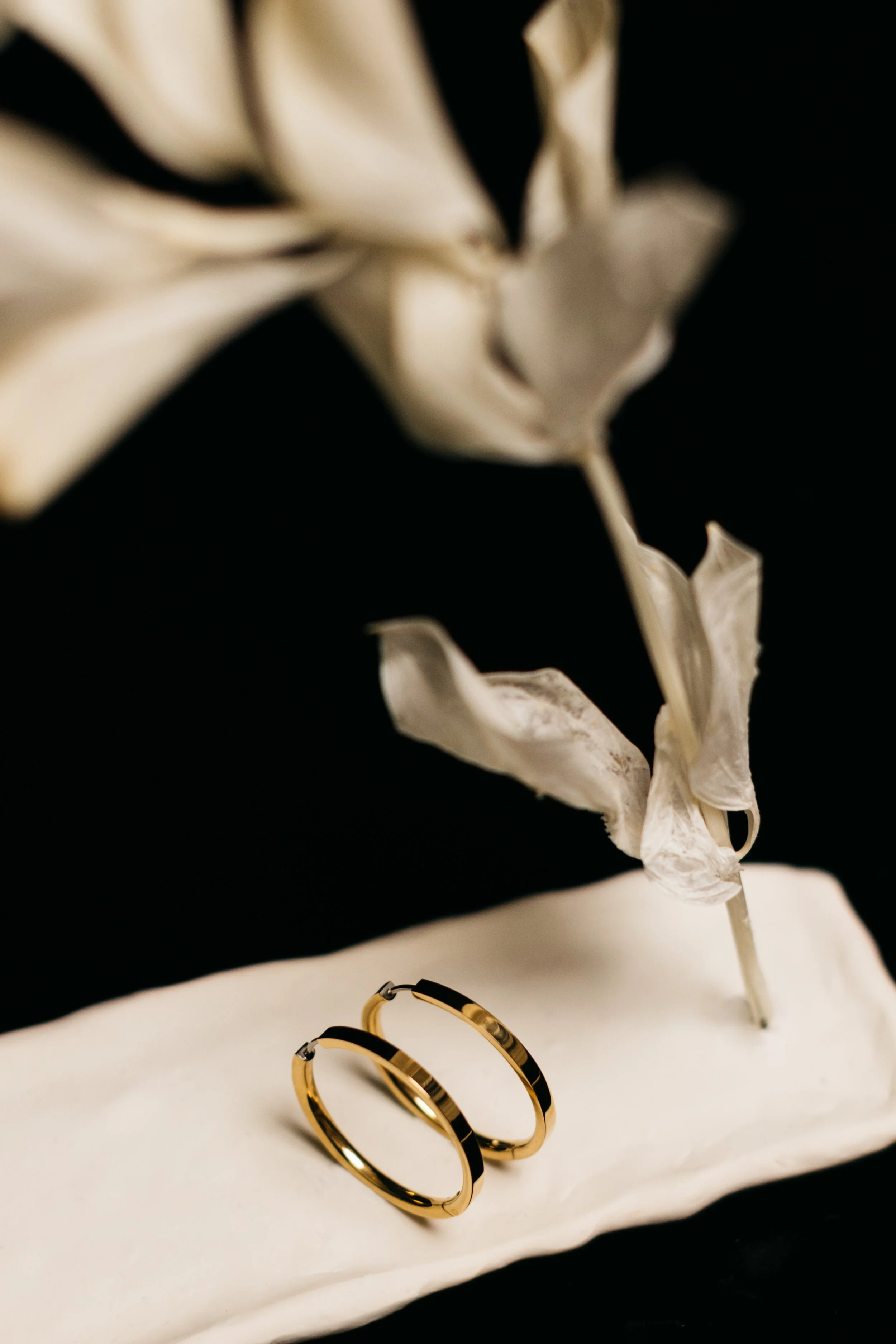 Close-up of gold hoop earrings with black inlay, displayed on a white surface, with dried white flowers in the background against a black backdrop.