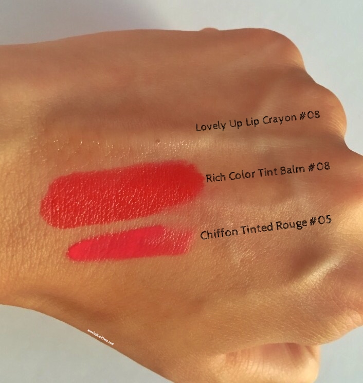 Swatches of lip crayon, lip balm, tinted lip from Beyond Beauty.
