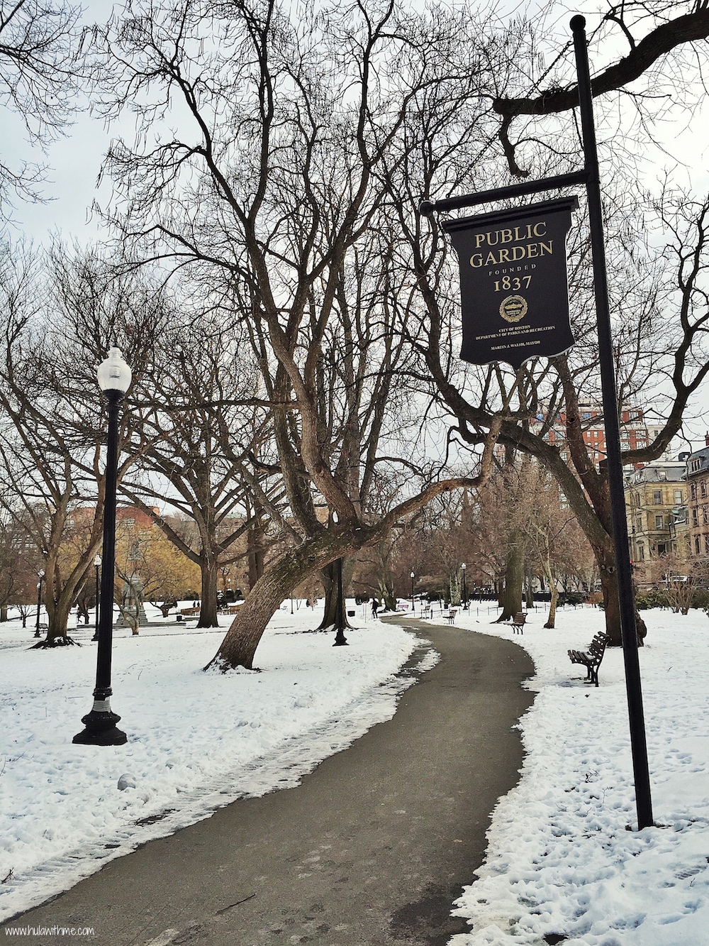 Boston Charm: Snowy scene in Boston Public Garden, Founded in 1837.