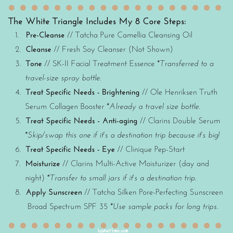 The white triangle includes my 8 core steps. 1. Pre-Cleanse // Tatcha Pure Camellia Cleansing Oil 2. Cleanse // Fresh Soy Cleanser (Not Shown) 3. Tone // SK-II Facial Treatment Essence (Transferred to a travel-size spray bottle) 4. Treat Specific Needs // Ole Henriksen Truth Serum Collagen Booster (for brightening) 5. Treat Specific Needs // Clarins Double Serum (for anti-aging) 6. Treat Specific Needs // Clinique Pep-Start (eye cream) 7. Moisturize // Clarins Multi-Active Moisturizer (day and night) 8. Apply Sun Protection // Tatcha Silken Pore-Perfecting Sunscreen Broad Spectrum SPF 35