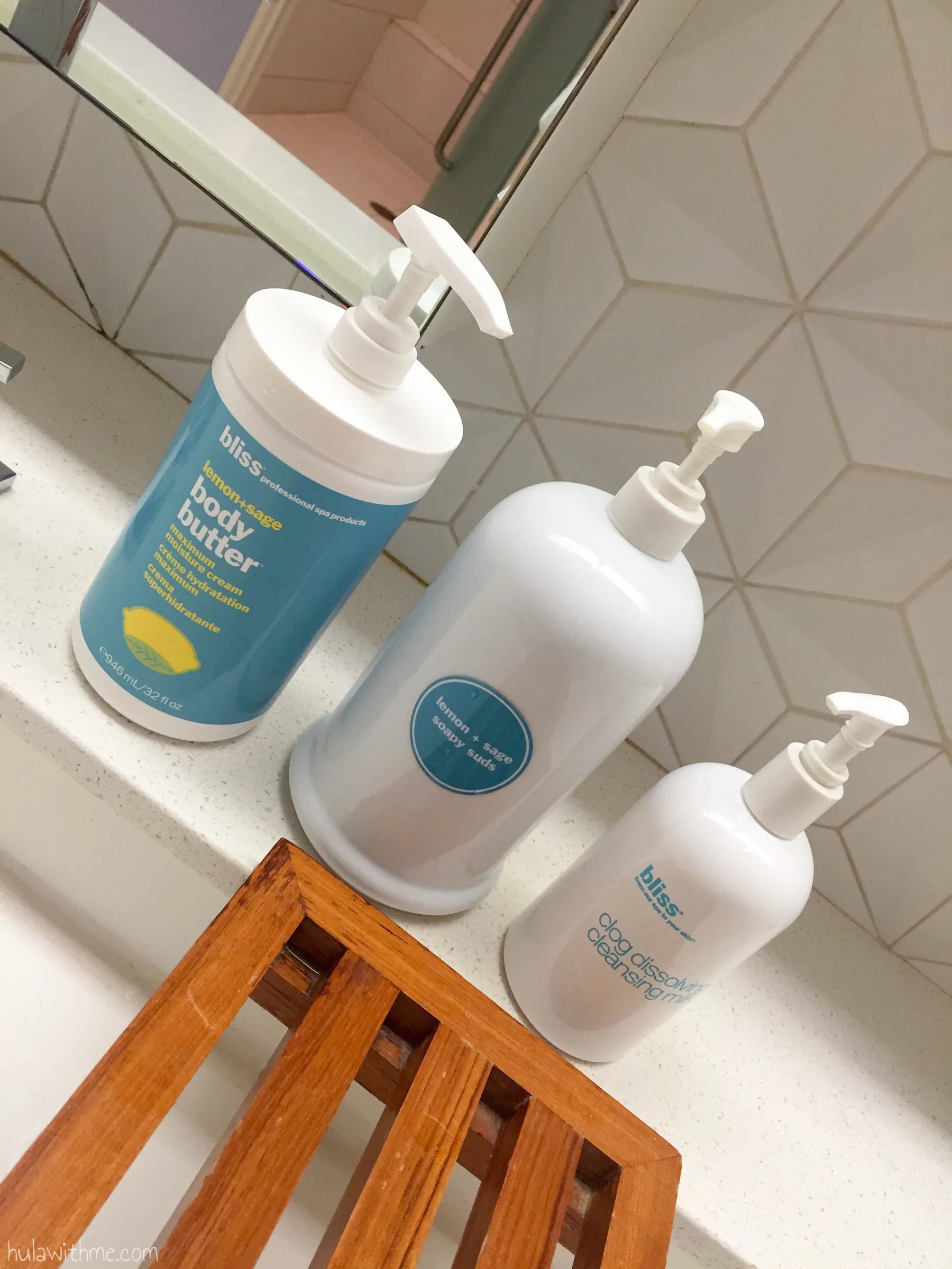Bliss Spa in Boston, MA: An abundance of Bliss skin care and body care products inside the ladies' locker room.