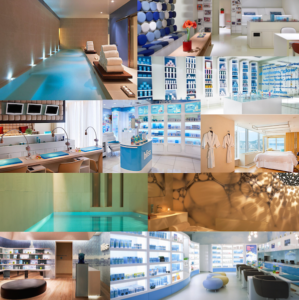 Bliss Spa Around the World // Barcelona-Spain (row 1), Doha - Qatar (row 2 #1), London - U.K. (row 2 #2 + row 4 #2), Hong Kong (row 2 #3), St. Petersburg - Russia (row 3 + row 4 #1).