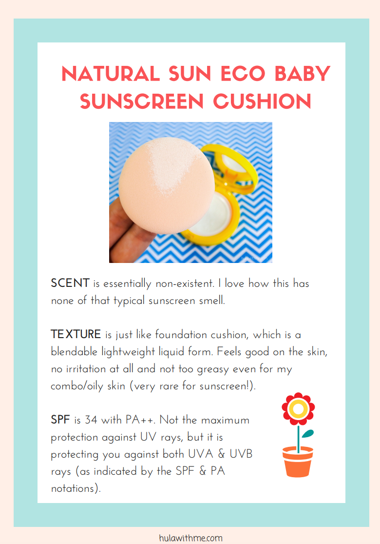 Reviewing The Face Shop x KaKao Friends - Natural Sun Eco Sunscreen Cushion. SCENT is essentially non-existent. I love how this has none of that typical sunscreen smell. TEXTURE is just like foundation cushion, which is a blendable lightweight liquid form. Feels good on the skin, no irritation at all and not too greasy even for my combo/oily skin (very rare for sunscreen!). SPF is 34 with PA++. Not the maximum protection against UV rays, but it is protecting you against both UVA & UVB rays (as indicated by the SPF & PA notations).