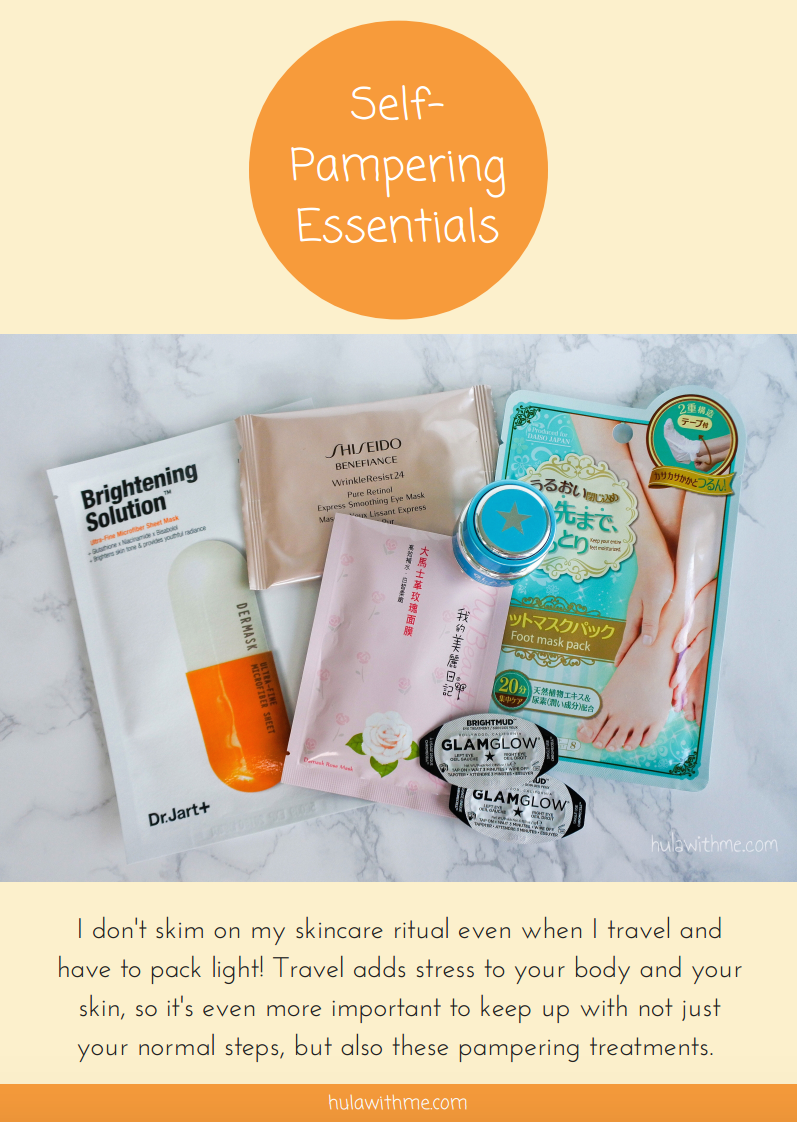 Self-Pampering Skin Care Travel Essentials I don't skim on my skincare ritual even when I travel and have to pack light! Travel adds stress to your body and your skin, so it's even more important to keep up with not just your normal steps, but also these pampering treatments. 