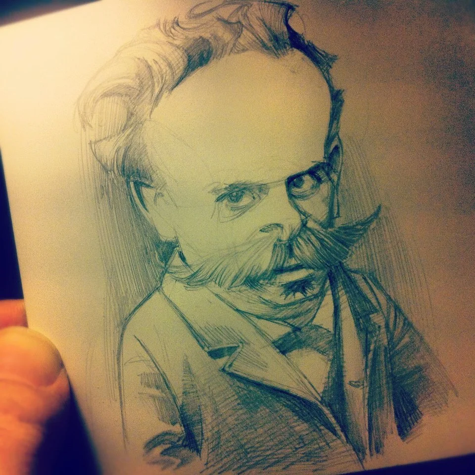 Sketch on 4"x4" claybord in a now non-existent coffee shop in Baltimore (bummer, that). My giant thumb, lower left, gives a sense of scale. I work far too small!
