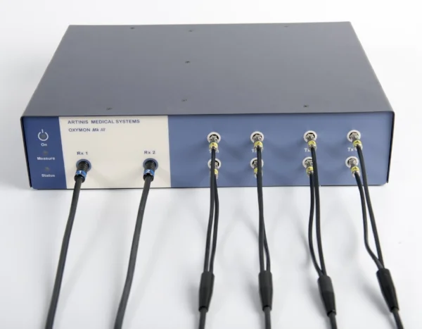 Figure SEQ Figure \* ARABIC 1 : OxyMon cabinet, left: two receivers ("Rx") labelled with a blue sticker and right four transmitters ("Tx") labeled with a yellow sticker
