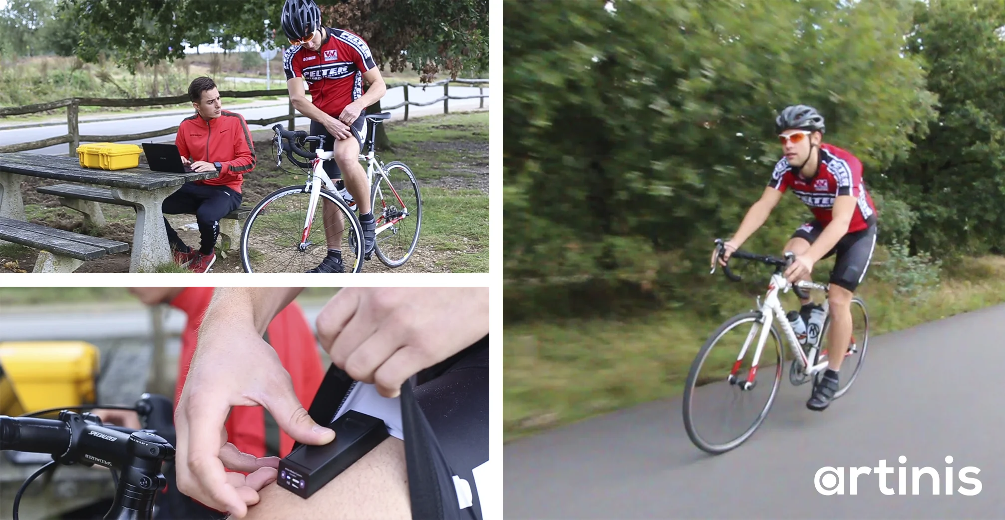 The Portamon attached to the leg of a cyclist. Click the image to see a video showing other applications.