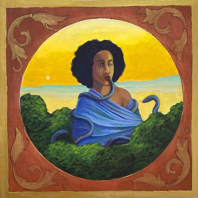  Shedding Skin from within  12 x 12”  Acrylic, gold paint, wood stain, on wood panel  2021 