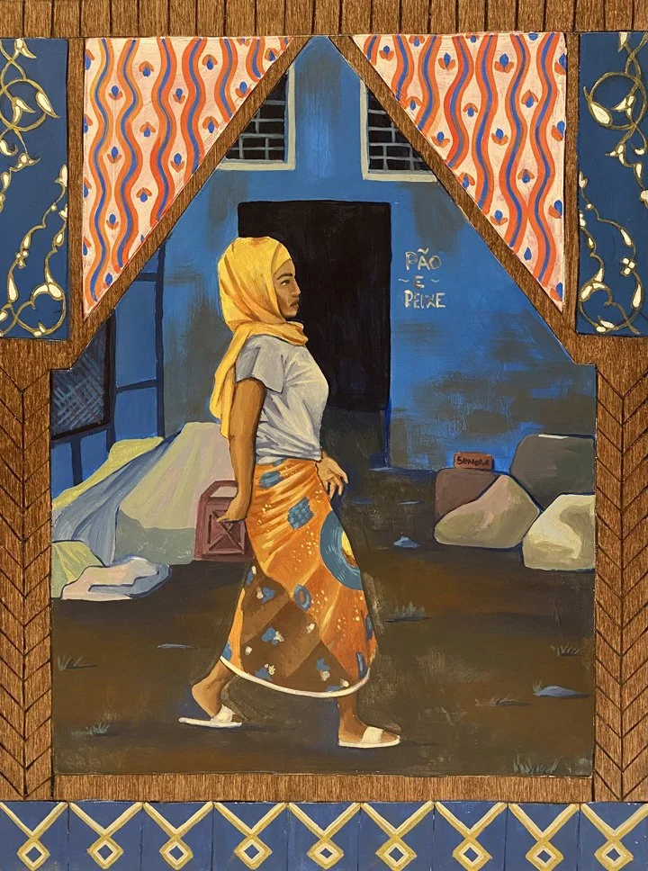  Pao e Peixe  9 x 12 x 2”  Acrylic, Gold Paint, and Wood Stain on Panel  2023 