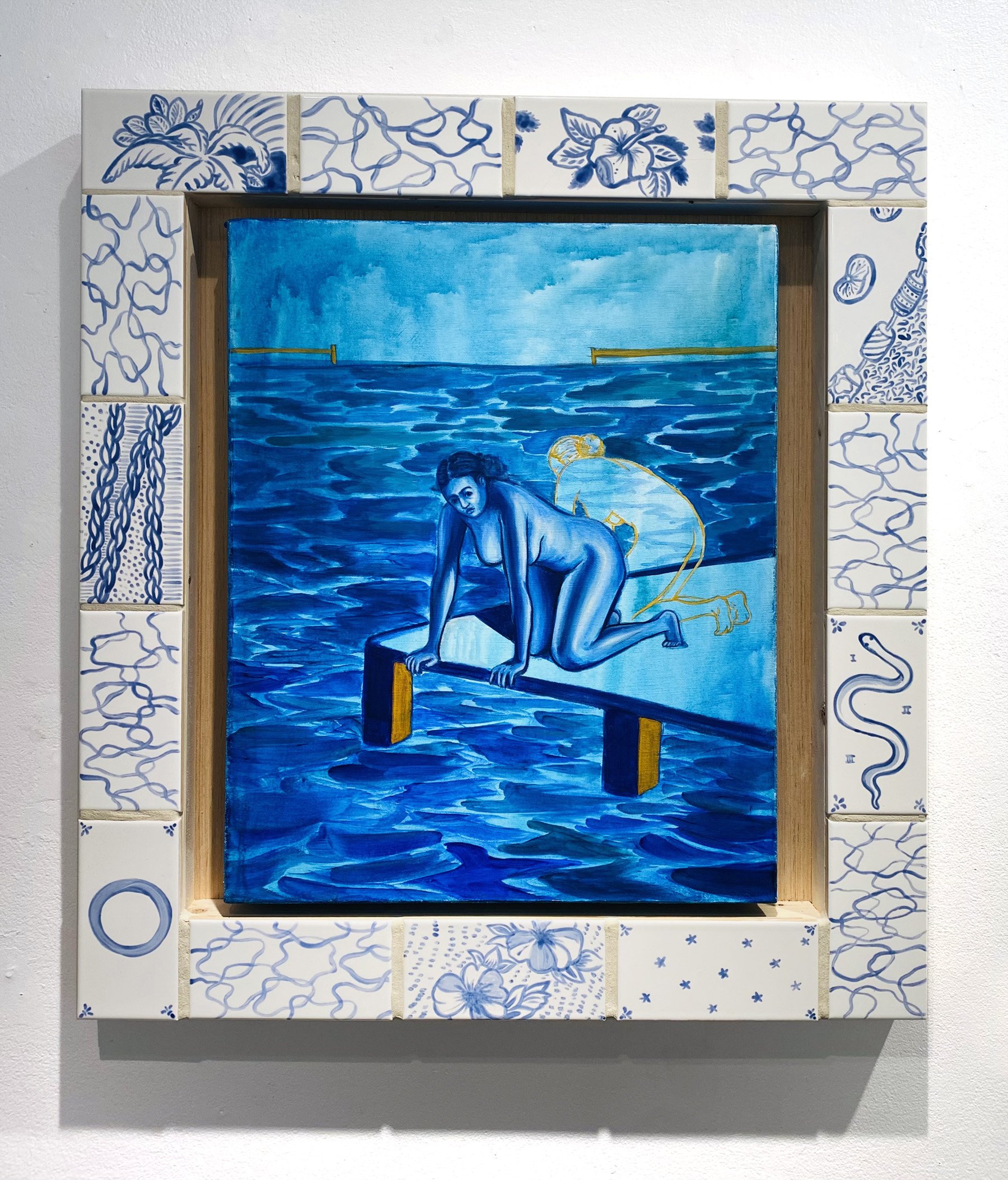  Are you There?  Acrylic on Canvas, Wood, Ceramic Tiles  27 x 24.5"  2025 
