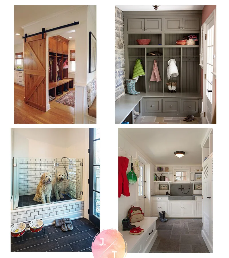 Sliding barn door ( Source )! Wonderful smaller option by Greenable Construction . A dog wash- Genius ( sour ce)! Slate sink, cupboards, bench- so much to love.