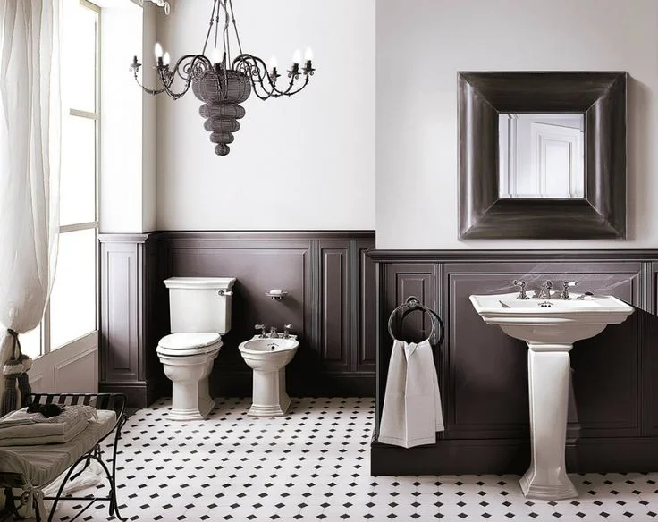 Inspiration with black and white tile. The home has very similar paneling to this photo. We won't be going as dark on the paneling.