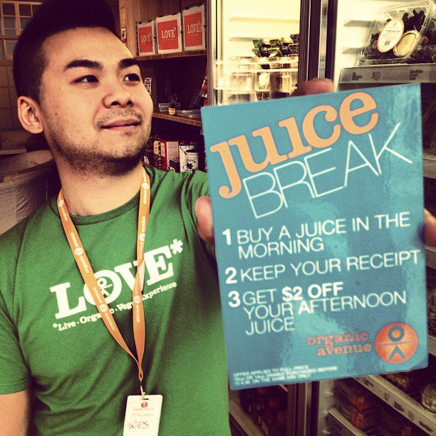 " #JuiceBreak is on:) Save this morning's juice receipt for 20% off this afternoon's juice- in all of our stores!"
